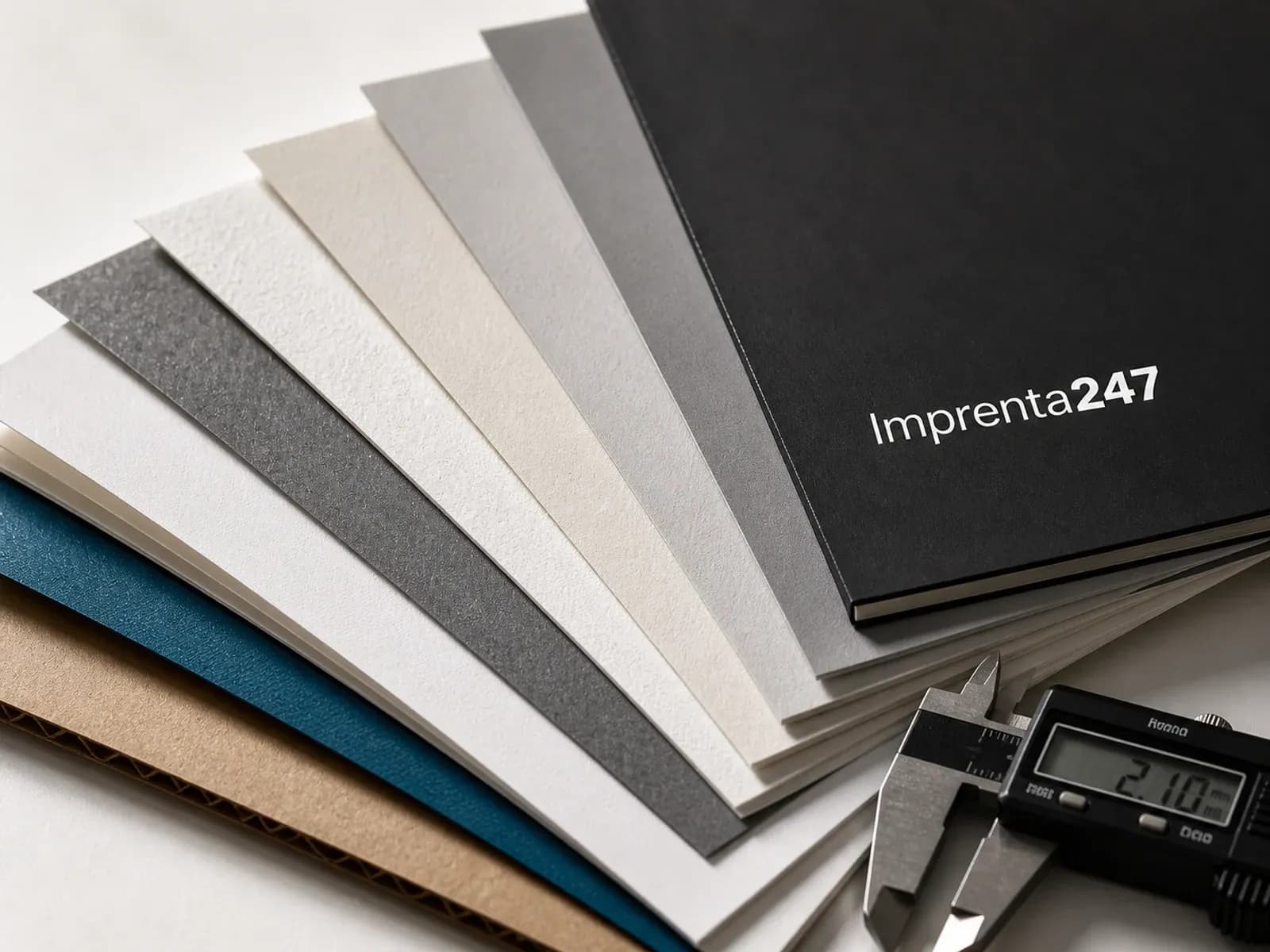 Abanico de papeles con distintas texturas y espesores, calibre y muestrario con el logotipo Imprenta247