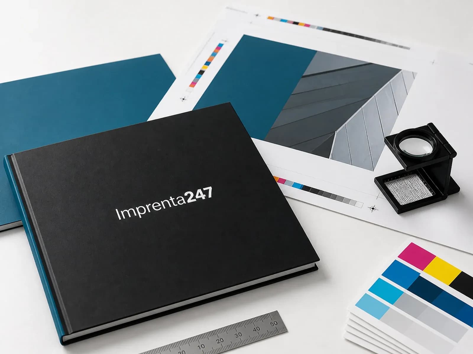 Prueba de preprensa con marcas de corte, muestras CMYK, lupa y carpeta con el logotipo Imprenta247