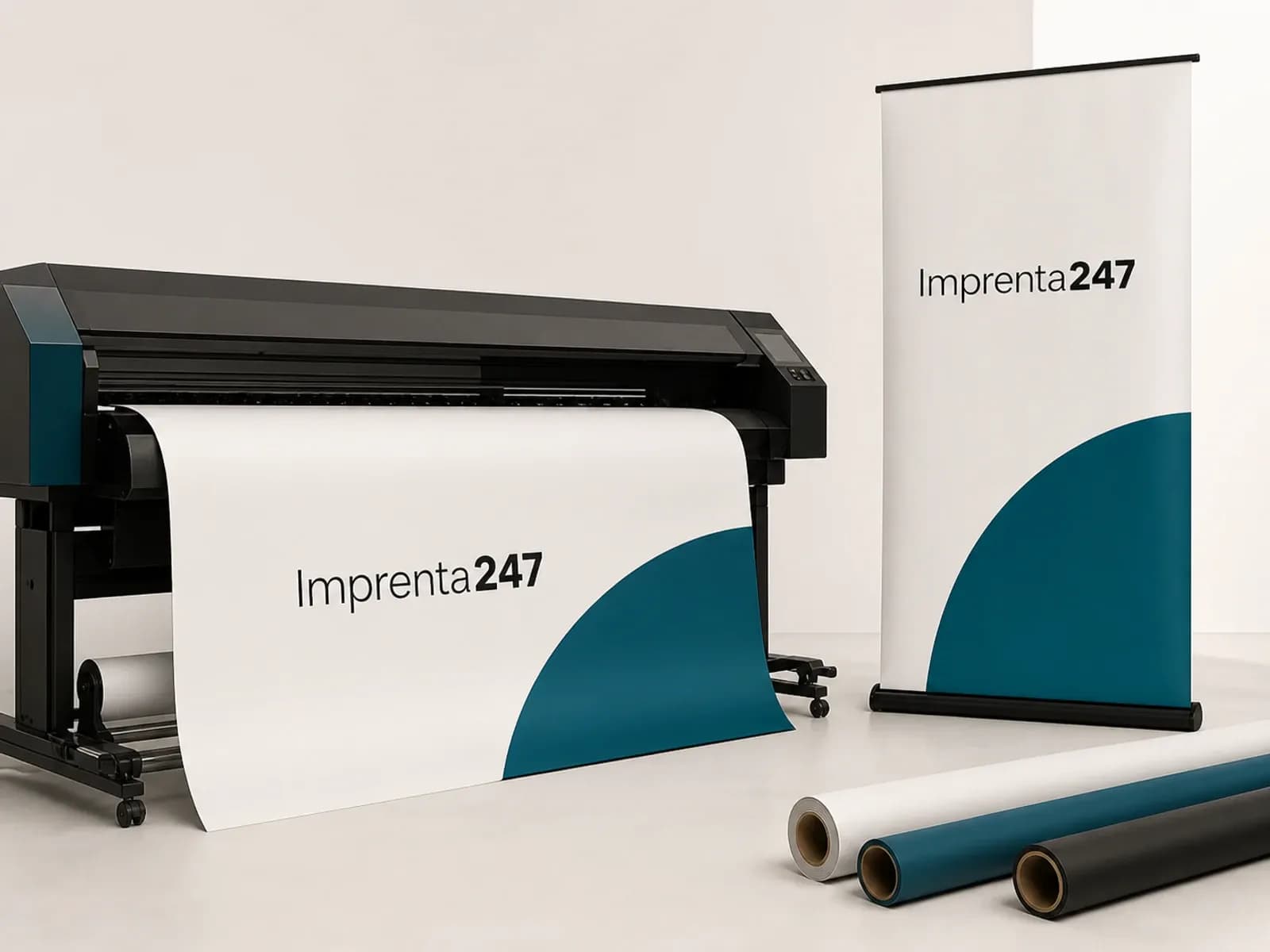 Equipo de gran formato, banner y roll screen con el logotipo de Imprenta247