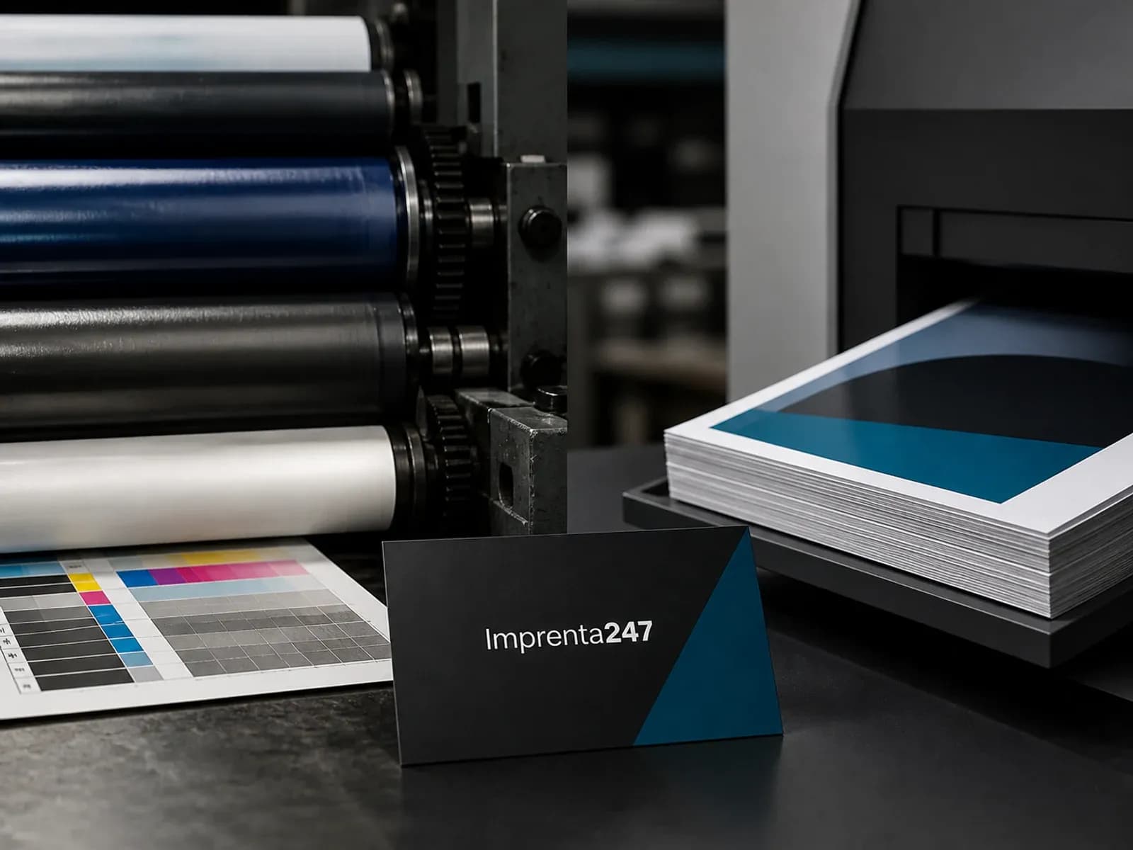 Rodillos de impresión, pruebas de color y piezas digitales junto a una tarjeta con el logotipo Imprenta247
