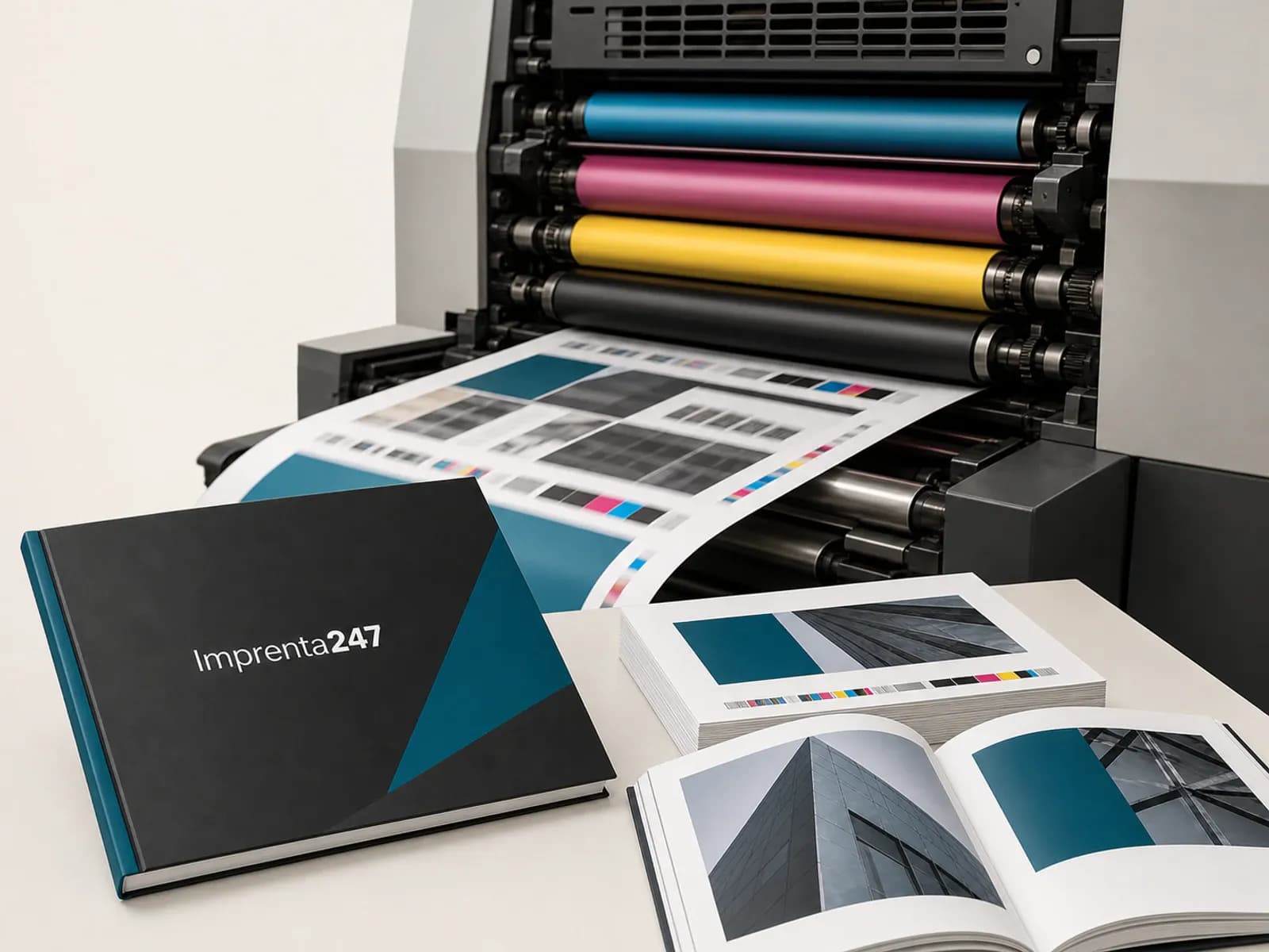 Prensa offset y muestras impresas con el logotipo de Imprenta247