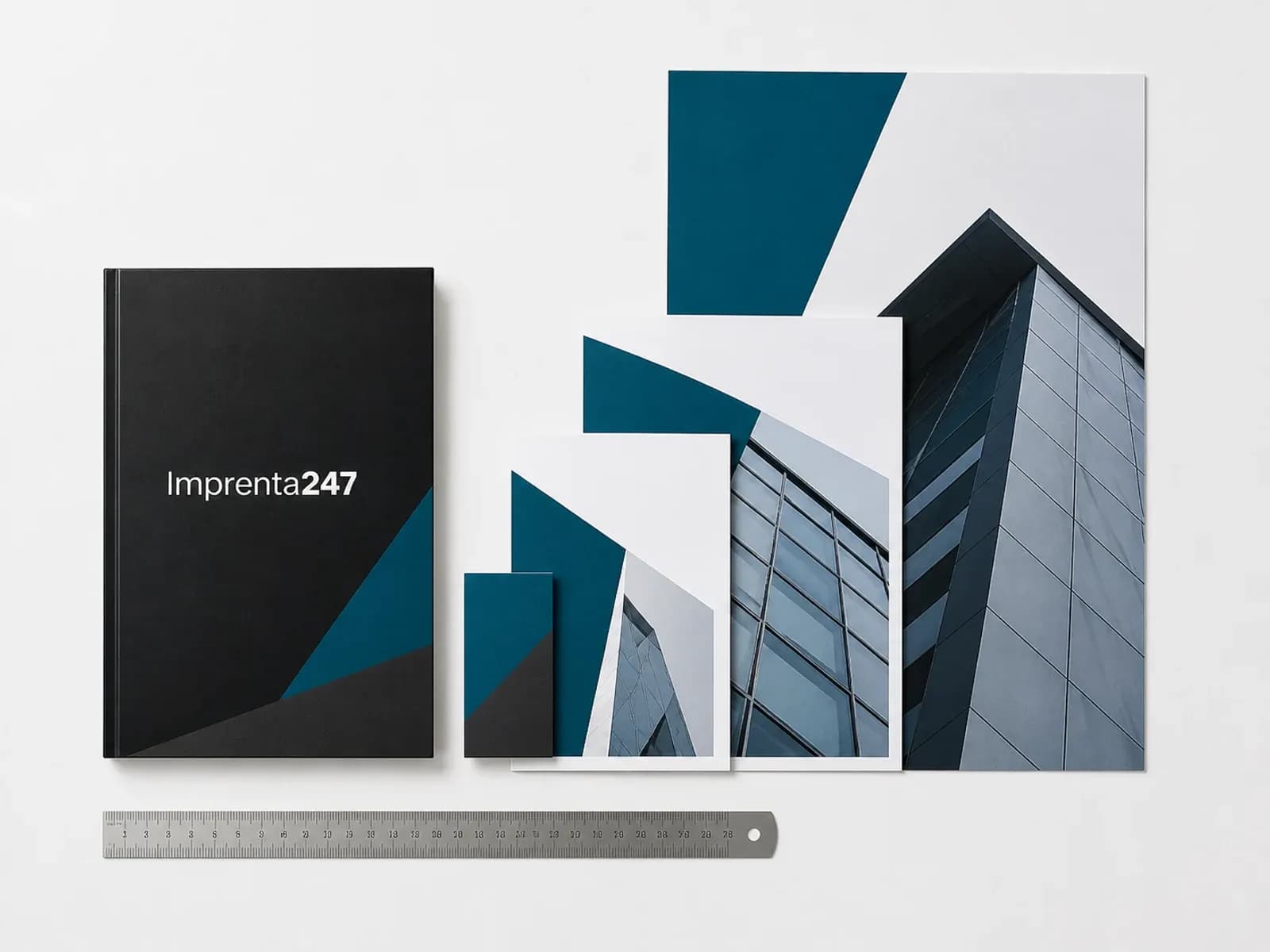 Piezas impresas de distintos tamaños ordenadas junto a una regla y un cuaderno con el logotipo Imprenta247